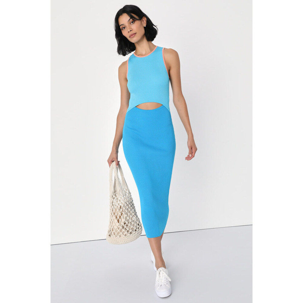 Lulus Flirty Trend Light Blue And Turquoise Color Block Cutout Dress - Size M